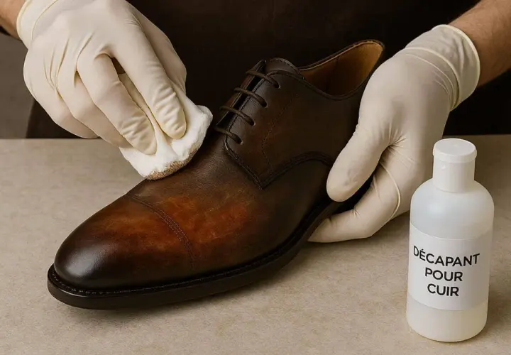 Mains gantées nettoyant une chaussure en cuir patiné avec un produit décapant.