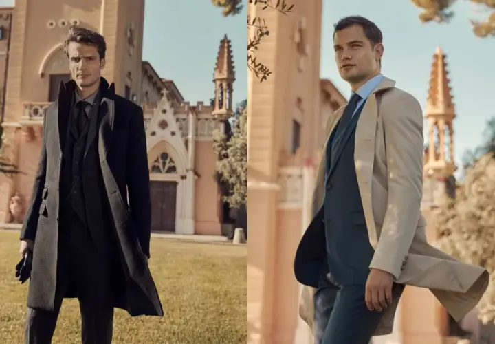 Deux hommes élégants portent des manteaux longs. L'un est en noir, l'autre en beige. La longueur manteau femme est ici mise en avant sur ces silhouettes masculines.