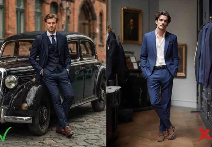 Un homme élégant pose près d'une voiture ancienne, portant un costume bleu marine impeccable. Une autre image montre un homme en costume bleu marine, chemise blanche ouverte, dans une boutique.