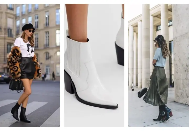 Trois femmes portent des santiags basses. Une en noir avec une jupe en cuir, une autre en blanc avec un talon bloc, et la dernière en noir avec une jupe plissée.