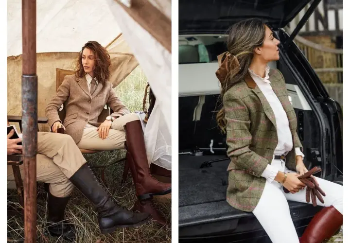 Deux femmes élégantes montrent comment porter des bottes cavalières avec des blazers en tweed et des pantalons clairs, un look chic et intemporel.