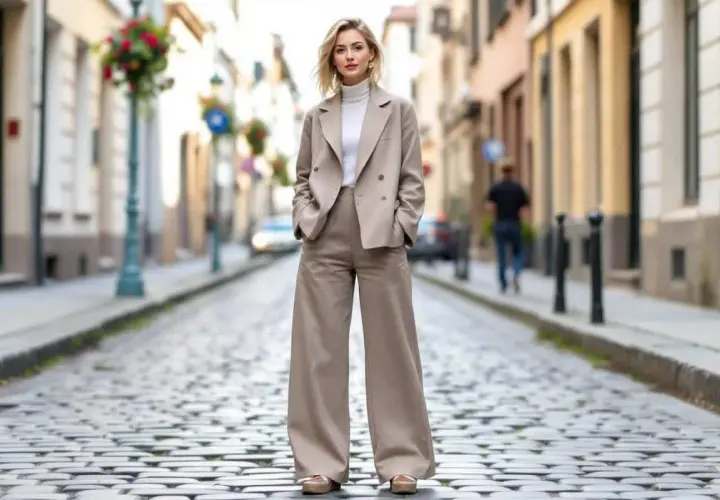 Une femme pose dans un tailleur pantalon beige, avec un col roulé blanc. Elle porte des chaussures plates qui complètent parfaitement son look. Quelles chaussures avec un tailleur pantalon ? Celles-ci !