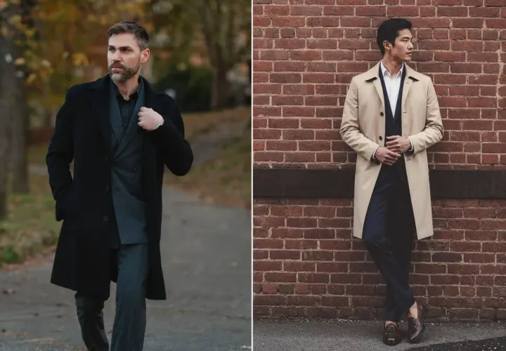 Deux hommes élégants, l'un en manteau noir, l'autre en beige. Quelle couleur de manteau choisir pour un style impeccable ?