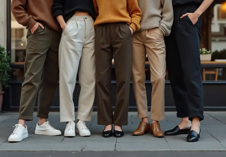 Cinq personnes portent des pantalons larges de différentes couleurs. Quelle chaussure avec pantalon large ? Des baskets, des mocassins, des escarpins et des bottines.