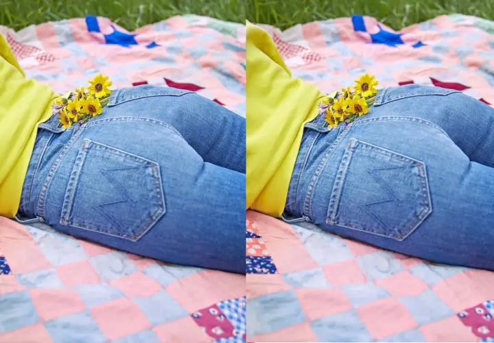 Jean de ma girlfriend, quelle morphologie ! Un bouquet de fleurs jaunes se cache dans la poche arrière de son jean, sur une couverture à carreaux.