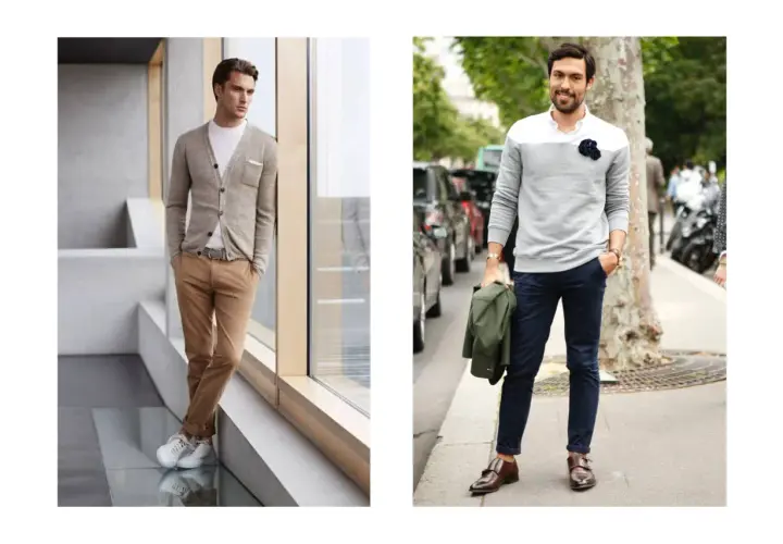 Un look homme bureau chic : un cardigan beige sur un t-shirt blanc et un pantalon camel pour le premier, un pull gris et un pantalon bleu marine pour le second.