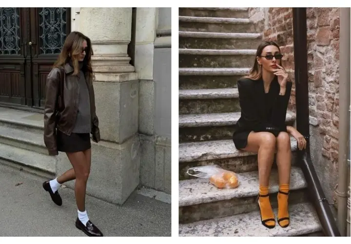 Deux femmes stylées : l'une en veste en cuir marron et chaussettes blanches, l'autre en blazer noir avec des chaussettes orange vif.