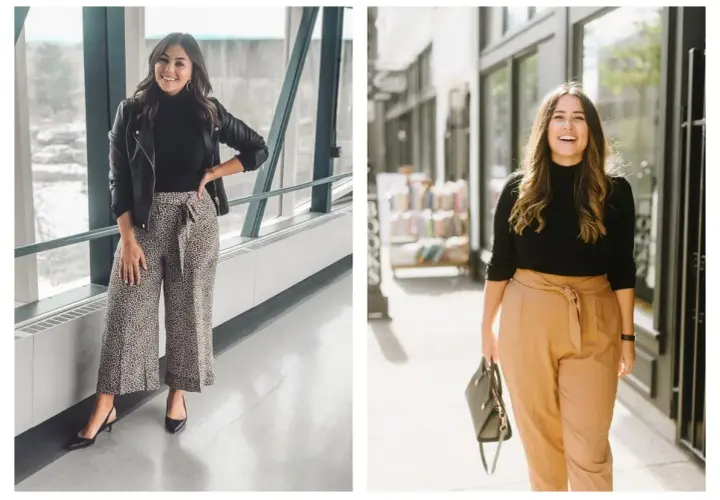 Comment s'habiller quand on est petite : deux looks stylés avec des pantalons taille haute et des vestes.