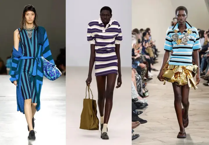 Comment être à la mode : trois mannequins arborent des tenues rayées, des robes aux cardigans, en passant par des jupes audacieuses.