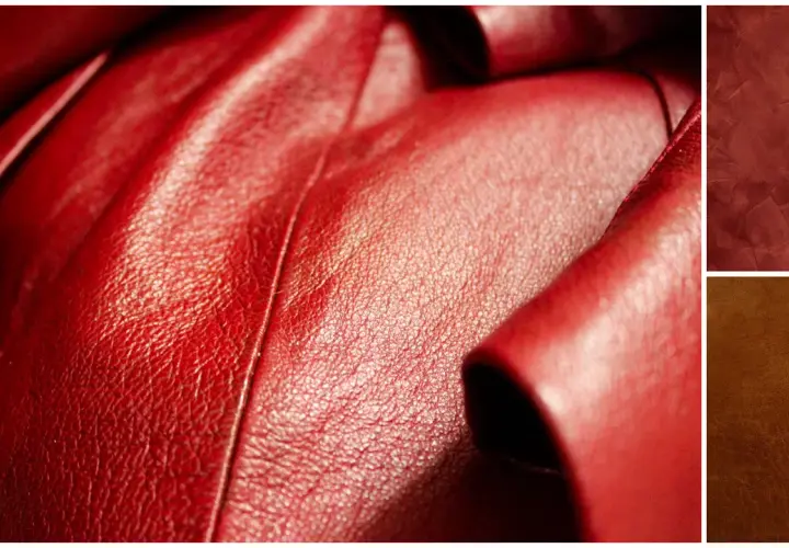 Gros plan sur du skaï rouge plissé, avec des échantillons de textures de skaï rouge et marron. Apprenez comment nettoyer du skaï.