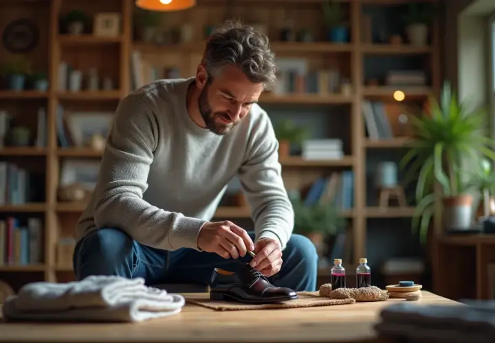 Un homme concentré sur la **teinture du cuir** de ses chaussures. Des flacons de teinture et des outils sont disposés sur la table.