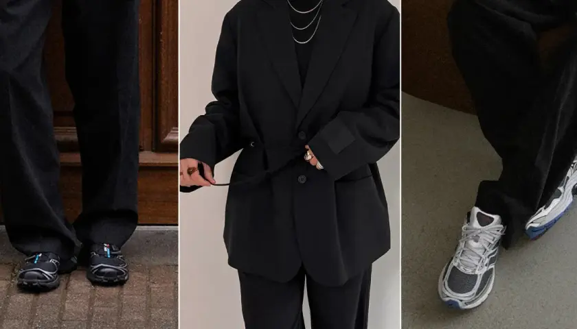 Un costume noir élégant, porté avec une basket, pour un look moderne et décontracté.