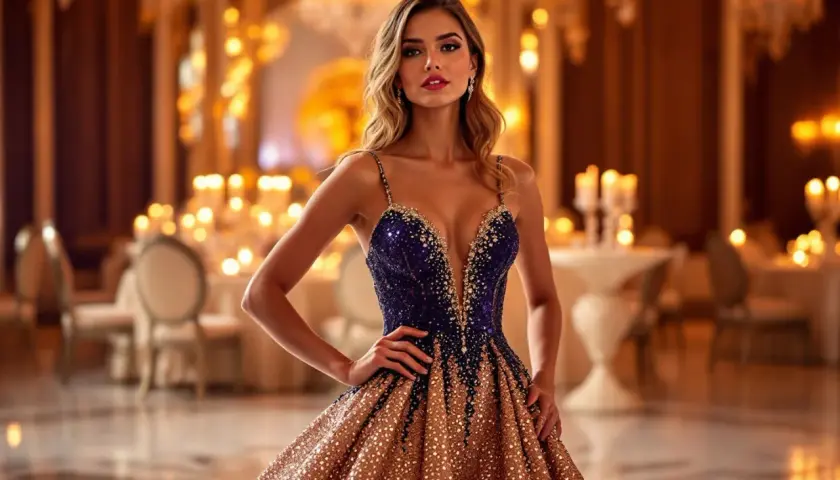 Une femme resplendissante dans une robe de fête fin d'année, ornée de paillettes bleues et dorées, se tient dans une salle de bal illuminée par des bougies.