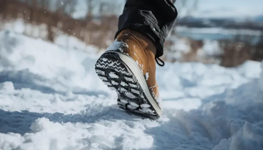 Une chaussure pour marcher dans la neige, avec une semelle crantée pour une bonne adhérence. Le pied avance dans la poudreuse.