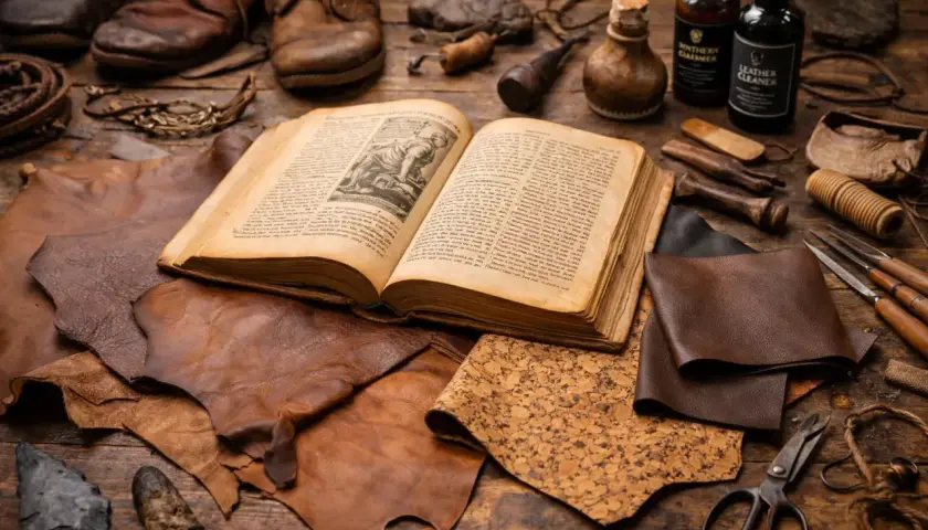 Livre ancien ouvert sur des peaux de cuir, outils et flacons. Une scène évoquant l'histoire du cuir et de son travail artisanal.