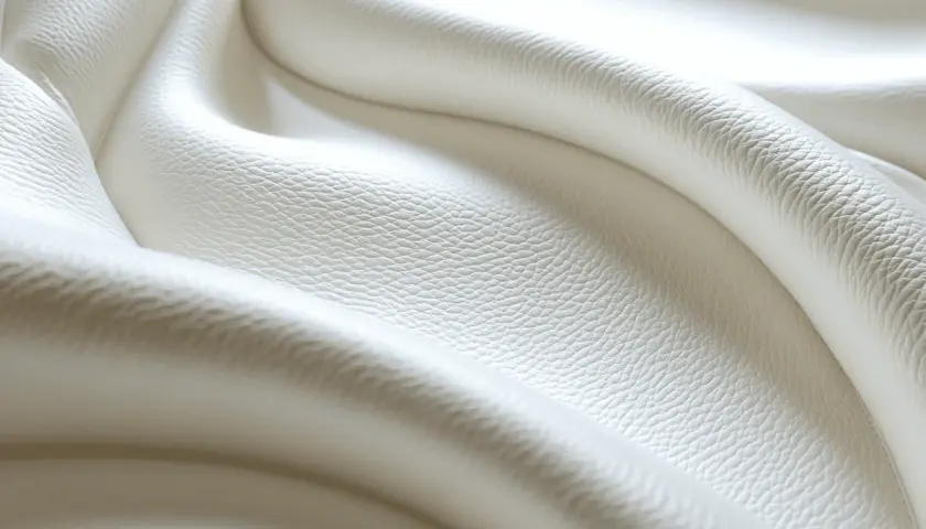 Plis doux de cuir blanc légèrement jauni, évoquant la douceur et la texture d'un tissu. Idéal pour nettoyer cuir blanc jauni.