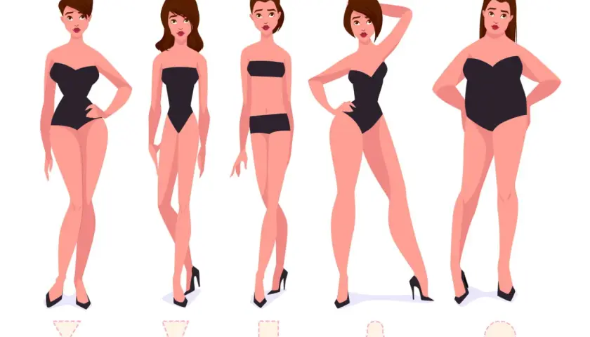 Cinq femmes aux formes variées, chacune portant un maillot de bain noir, illustrent différents types de silhouettes féminines.