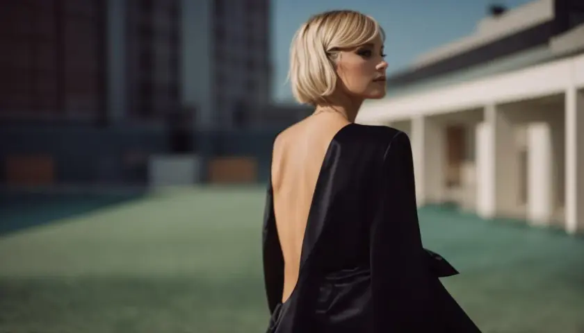 Une femme blonde porte une élégante robe collant noir, le dos nu, dans un décor urbain moderne.