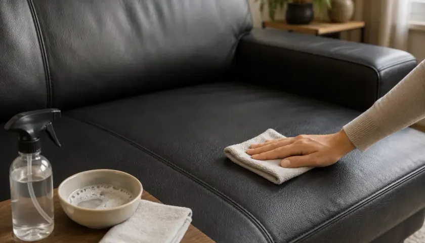 Main d'une personne nettoyant un canapé en simili cuir noir avec un chiffon. Un spray et un bol de savon sont à proximité, suggérant une méthode de nettoyage naturel, comme avec du bicarbonate.