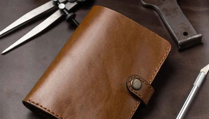 Portefeuille en cuir brun, entouré d'outils de **tannage du cuir** : compas, poinçon et scalpel.