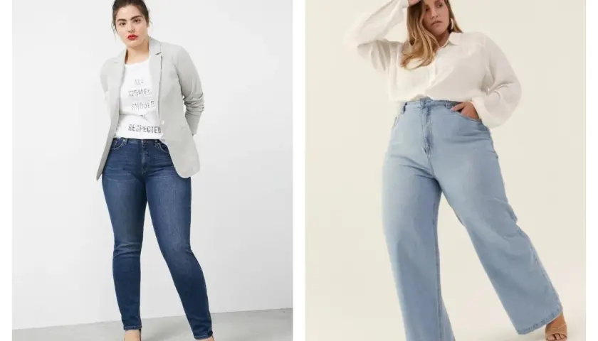 Trouver quel jean quand on a des hanches et des cuisses : un jean slim bleu foncé et un jean large bleu clair, deux options flatteuses.