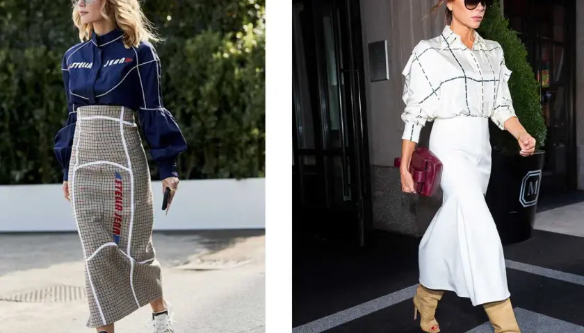 Deux femmes montrent quelles chaussures avec une robe longue automne : baskets stylées ou bottines élégantes.