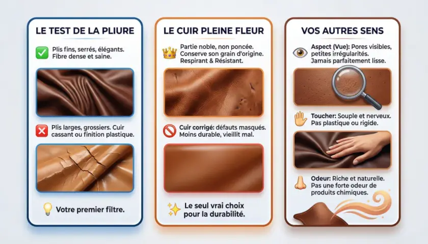 Test de pliure, cuir pleine fleur et sens : visuel, toucher, odeur. La qualité cuir se révèle par sa souplesse et son grain naturel.