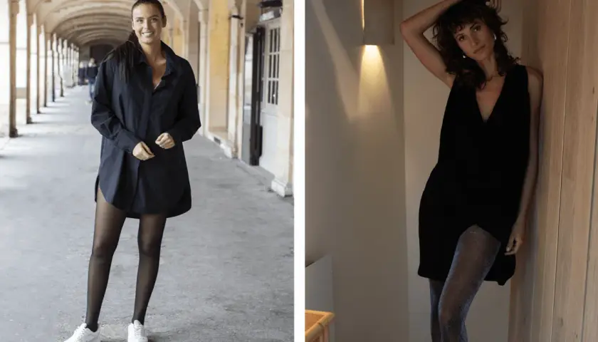 Deux femmes portent des tenues noires, l'une avec une robe chemise et des collants noirs opaques, l'autre avec une robe sans manches et des collants scintillants.