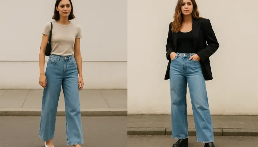 Deux femmes portent un jean wide leg. Ce style de jean convient à toutes les morphologies, allongeant la silhouette.