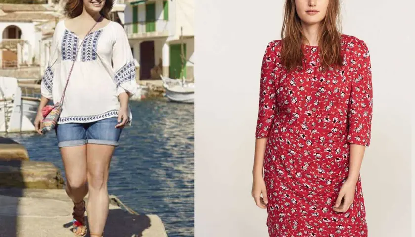 Comment s'habiller l'été quand on est ronde : une femme en tenue décontractée avec un top brodé et short en jean, une autre en robe d'été rouge à fleurs.