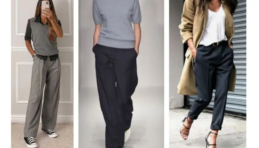 Trois looks pour savoir comment s'habiller pour être féminine : pantalon large, pull gris, manteau camel. Chic et décontracté.
