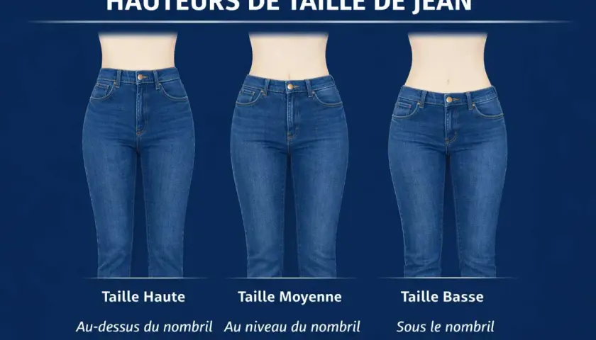 Trois jeans bleus illustrent les hauteurs de taille : haute, moyenne et basse. Idéal pour choisir le jean morphologie a parfait.