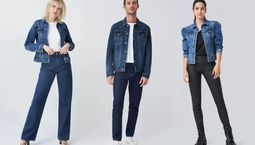 Trois mannequins présentent des looks avec un jean bleu foncé. Idées pour que mettre avec un jean bleu foncé femme : veste en jean, top blanc ou noir, pantalon enduit.