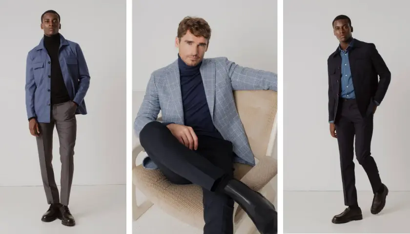 Trois hommes présentent des tenues élégantes pour savoir comment s'habiller au travail : veste bleue, blazer à carreaux, costume bleu marine.
