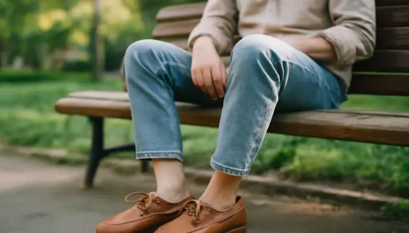 Un homme est assis sur un banc, portant une chemise beige, un jean et une paire de chaussure bateau chaussette en cuir marron.