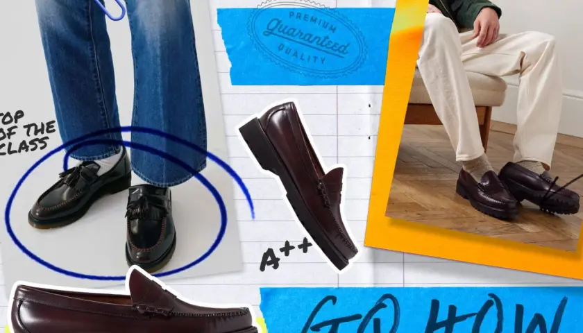 Des mocassins costume, parfaits pour un look chic. Ces chaussures élégantes sont mises en avant dans un montage graphique.