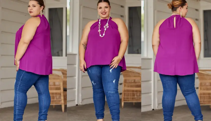 Une femme porte un haut violet et un jean skinny. Elle montre quel jean quand on a du ventre, un style flatteur et confortable.