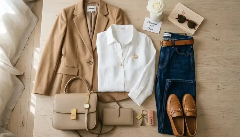 Un ensemble chic pour savoir comment s'habiller avec style : blazer camel, chemise blanche, jean, sac à main et mocassins.