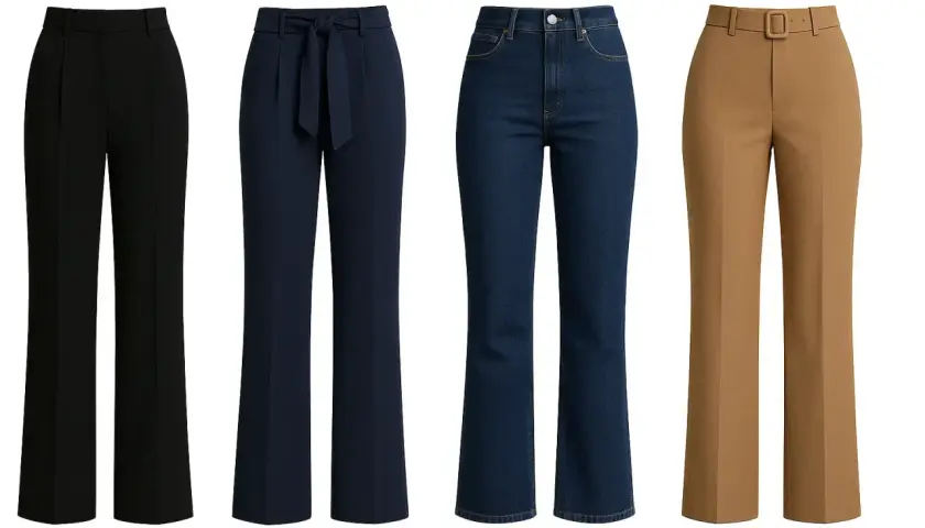 Quatre pantalons : noir, bleu marine à ceinture, jean évasé, et camel à boucle. Quel pantalon pour quelle morphologie ?