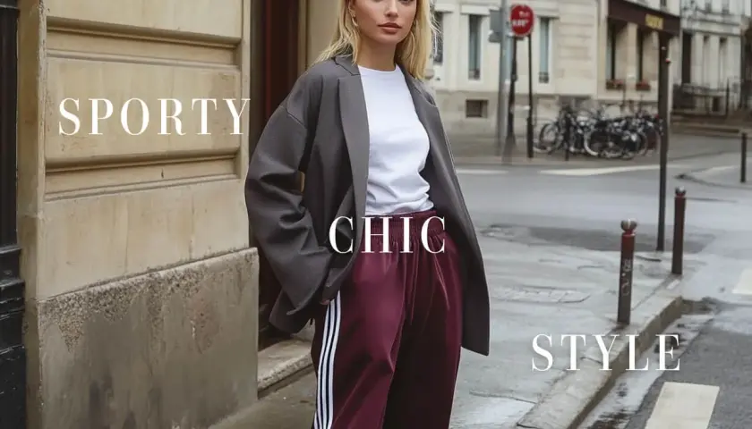 Une jeune femme incarne le style "sporty chic" dans une tenue tendance. Une belle idée pour s'habiller en ville.