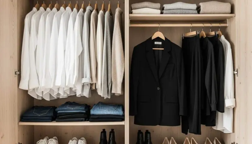 Une garde robe idéale : chemises blanches, pulls neutres, jeans, blazer noir et pantalons assortis. Des chaussures minimalistes complètent l'ensemble.