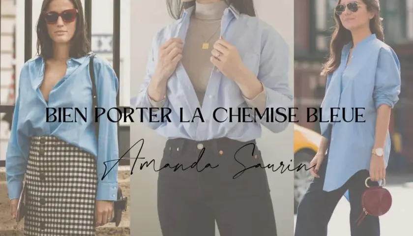 Trois femmes portent une chemise bleu ciel. L'une est avec une jupe à carreaux, l'autre avec un col roulé et un jean, et la troisième avec un pantalon noir.