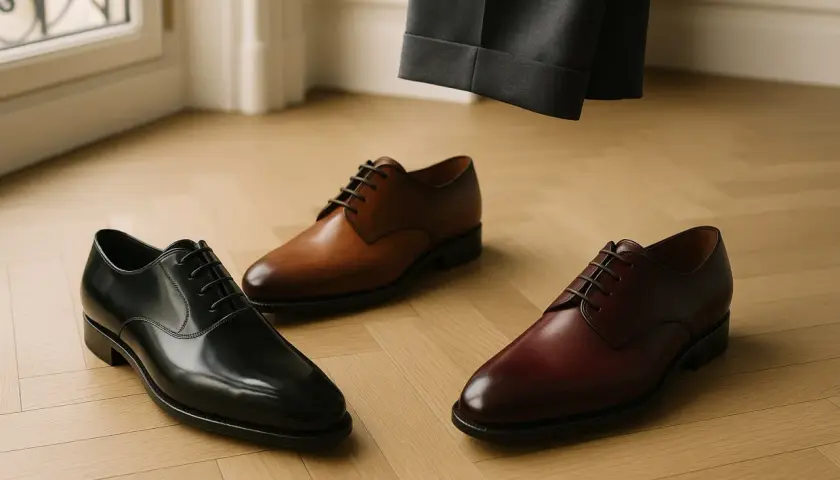 Trois paires de chaussures habillées, dont une chaussure marron, prêtes à accompagner un costume gris.