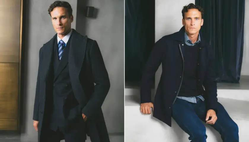Homme élégant en manteau sombre, col classique, sur un costume ou un pull et jean.
