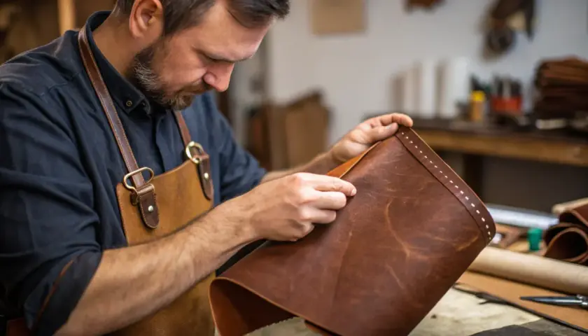 Artisan examine un cuir brun, vérifiant sa texture pour savoir si c'est du vrai cuir.