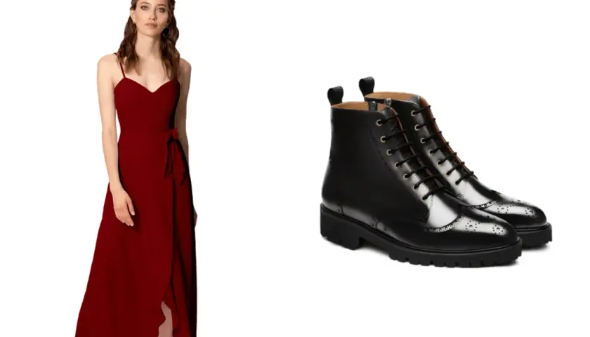 Une femme porte une robe bordeaux fendue. À côté, une paire de bottines noires vernies à lacets. Quelles bottines avec une robe ?