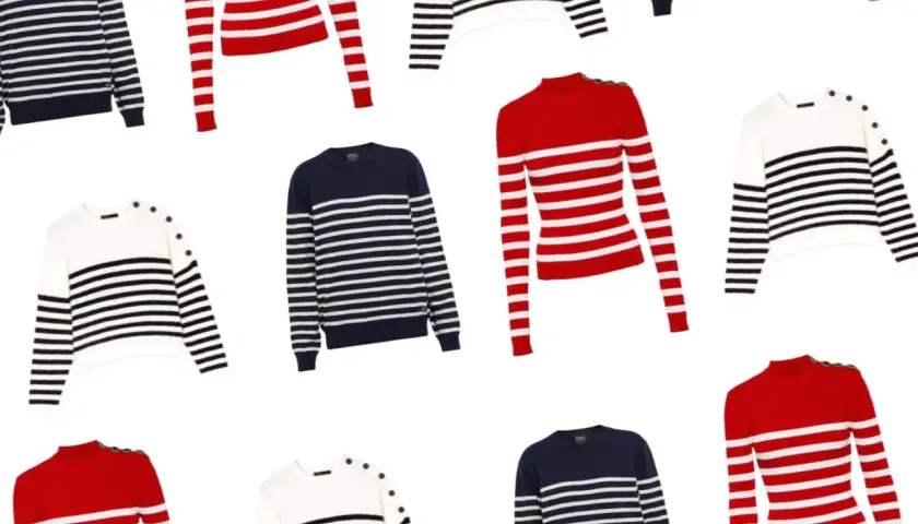 Plusieurs pulls marins femme rayés, bleus, blancs et rouges, avec des détails boutonnés. Idées pour comment porter un pull marin femme.