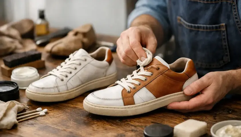 Un homme nettoie une chaussure usée avec un chiffon. Des produits d'entretien sont disposés sur la table en bois.