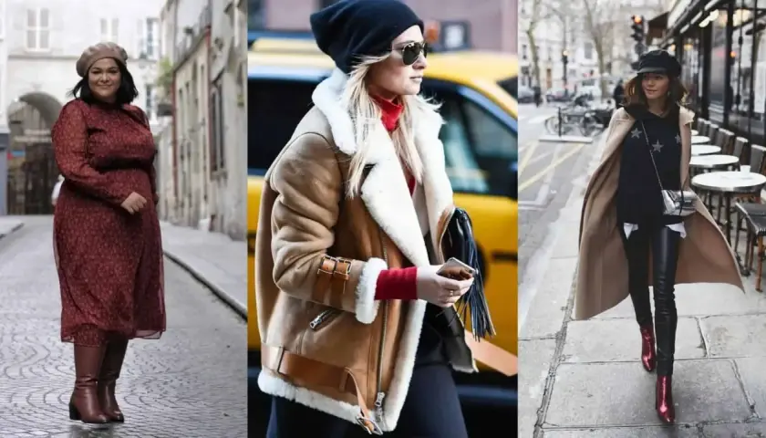 Trois femmes montrent comment s'habiller pour ne pas avoir froid : robe et bottes, veste aviateur douillette, ou manteau long avec cuir.