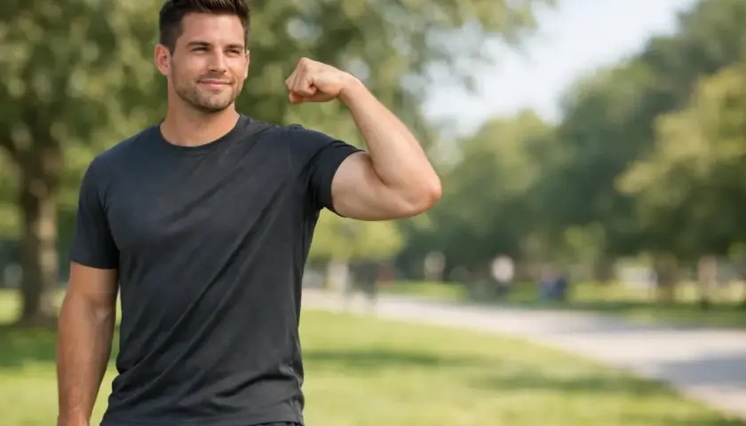 Homme souriant, silhouette athlétique, fléchissant le biceps en plein air.